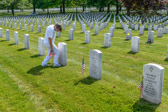 Gold Star Mother National President Jo Ann Maitland places flags along a row in Section 60, the home to many of our Iraq, Afghan heroes.